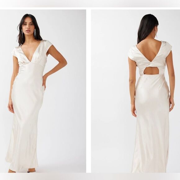 NWT selfie leslie saints & secrets LUCINDA V-NECK TWIST MIDI DRESS CHAMPAGNE - Picture 1 of 11